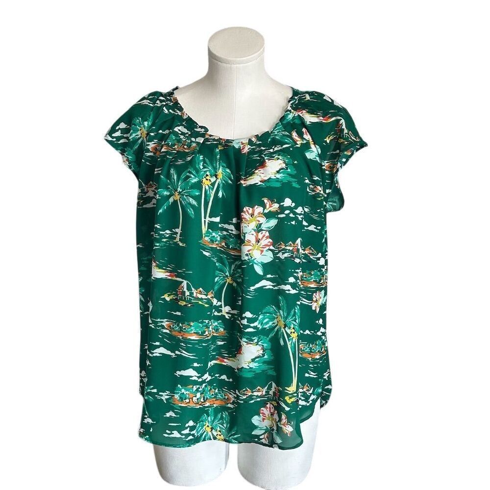 LC Lauren Conrad Women's Floral Blouse L Green Tropical Vacation Top